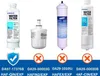 Four different water filters are displayed side-by-side, with compatibility information and cross marks below them. Voir les images du produit