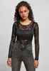 A woman is posing for a product shot, wearing a black lace long-sleeved bodysuit and grey jeans. Produktbild-Vorschau