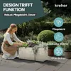 A woman is tending to a planter in a garden setting, with marketing text and feature callouts overlaid. Produktbild-Vorschau
