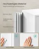 Close-up of a white cabinet with a metal edge, showing material layers and features like easy cleaning and fingerprint resistance. Produktbild-Vorschau
