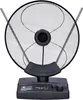 A black indoor TV antenna with a circular mesh dish and two adjustable rods, mounted on a black base with controls and indicators. Náhľad obrázku produktu