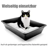 A black cat sits in a black litter box filled with white litter. Text is overlaid on the image. Produktbild-Vorschau