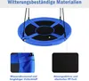 A blue nest swing is shown hanging, with close-up insets highlighting its material properties. Voir les images du produit