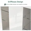 Close-up view of a white high-gloss cabinet with glass shelves, featuring a text overlay describing its handleless design. Anteprima dell’immagine prodotto