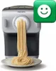 A pasta maker extruding spaghetti onto a plate, with a smiley face icon in the corner. Produktbild-Vorschau