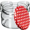 A group of small glass jars with a red lid decorated with white hearts. Produktbild-Vorschau