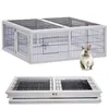 A rabbit cage and a rabbit are shown, with a folded version of the cage below. Produktbild-Vorschau