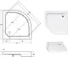 A technical drawing and photographs of a white corner shower tray. Produktbild-Vorschau