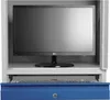 A computer cabinet with a monitor and keyboard on a pull-out tray. Produktbild-Vorschau