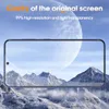 A smartphone screen displaying a snowy mountain landscape, with text overlay highlighting screen clarity. Produktbild-Vorschau