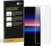 A product package for a screen protector is shown next to a smartphone and the screen protector itself. Produktbild-Vorschau