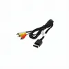 A black AV cable with red, yellow, and white RCA connectors on one end and a proprietary connector on the other, laid out on a white background. Produktbild-Vorschau