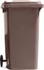 A brown trash bin with wheels on a white background. Produktbild-Vorschau