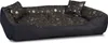 A black dog bed with a gold paw print and bone pattern, featuring two small pillows. Anteprima dell’immagine prodotto