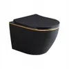A black wall-mounted toilet with a gold trim and a black toilet seat, shown from a slightly elevated side angle against a white background. Produktbild-Vorschau