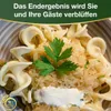 A close-up of pasta with a creamy sauce and a sprig of parsley, with text overlay. Náhled obrázku produktu