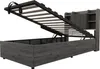 A bed frame with the mattress support lifted, revealing storage space underneath. The bed has a headboard with shelves. Náhľad obrázku produktu