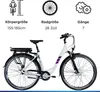 A white electric bicycle with purple accents, shown on a white background with informational graphics above it. Anteprima dell’immagine prodotto