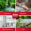 A collage of four images showing different applications of a pump: a garden pond, a construction site, a laundry room, and a swimming pool. Produktbild-Vorschau