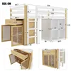 A collage of images showing a loft bed with storage, including dimensions. Voir les images du produit