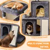A multi-level cat tree with several cats interacting with it, featuring text overlays highlighting its features. Produktbild-Vorschau
