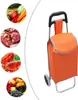 A shopping cart with an orange bag and wheels, next to circular images of food items. Produktbild-Vorschau