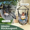 A split image showing a person relaxing in a hanging chair outdoors and a child reading in a hanging chair indoors. Produktbild-Vorschau