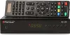 A black satellite receiver and its remote control are shown against a white background. Produktbild-Vorschau
