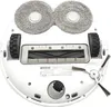 The underside of a white robot vacuum cleaner with mopping pads, wheels, and brushes. Voir les images du produit