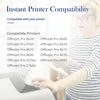 A woman in a striped shirt is looking at a printer and holding a document. The image contains text about printer compatibility. Produktbild-Vorschau