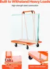 An orange trolley carrying several large glass panes, with close-up inset images highlighting its stability and base thickness. Podgląd zdjęcia produktu