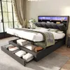 A modern storage bed with drawers and an ottoman, set in a bedroom with large windows and curtains. Náhľad obrázku produktu