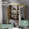 A bathroom cabinet with its doors open, displaying its interior shelves and contents. The background features a striped wall. Produktbild-Vorschau