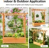 A collage of images showing a wooden planter box with a trellis, used in different outdoor settings like a garden, patio, and balcony. Náhled obrázku produktu