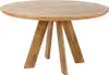A round wooden dining table with a natural wood finish and a tripod base. Produktbild-Vorschau