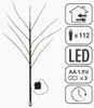 A black decorative branch with warm white LEDs and a battery pack, shown with informational icons on the right. Produktbild-Vorschau