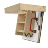 A wooden attic ladder is shown extended from a wooden frame, against a white background. Produktbild-Vorschau