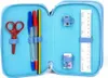An open blue pencil case with various stationery items inside. Voir les images du produit