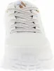 A close-up, front-facing view of a white Skechers sneaker. Voir les images du produit