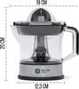 A clear plastic citrus juicer with a silver base and a black lid. Produktbild-Vorschau