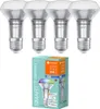 Four LED smart bulbs and their packaging are displayed against a white background. Produktbild-Vorschau