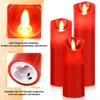 A collage of images showcasing red LED candles, including close-ups of the flame and battery compartment, and a group of candles. Produktbild-Vorschau