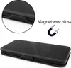 A black flip case for a smartphone is shown with a close-up detail and a graphic indicating a magnetic closure. Produktbild-Vorschau