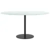 A white marble-look tabletop with a black pedestal base, isolated on a white background. Produktbild-Vorschau