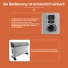 Marketing image showing a convector heater and its controls, with descriptive text. Produktbild-Vorschau