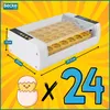 A marketing image for an incubator, showing the product with dimensions and capacity indicated, along with a cartoon chick. Podgląd zdjęcia produktu