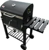 A black charcoal grill with a silver handle and thermometer, shown on a white background.