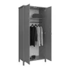 An open gray wardrobe with clothes hanging inside and shoes on the floor. Podgląd zdjęcia produktu