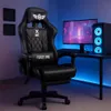 A black gaming chair is positioned in front of a computer setup with a monitor and PC tower, illuminated by blue LED lighting. Produktbild-Vorschau