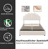 A bed frame with a decorative headboard and a slatted base, shown with marketing icons and text. Náhľad obrázku produktu